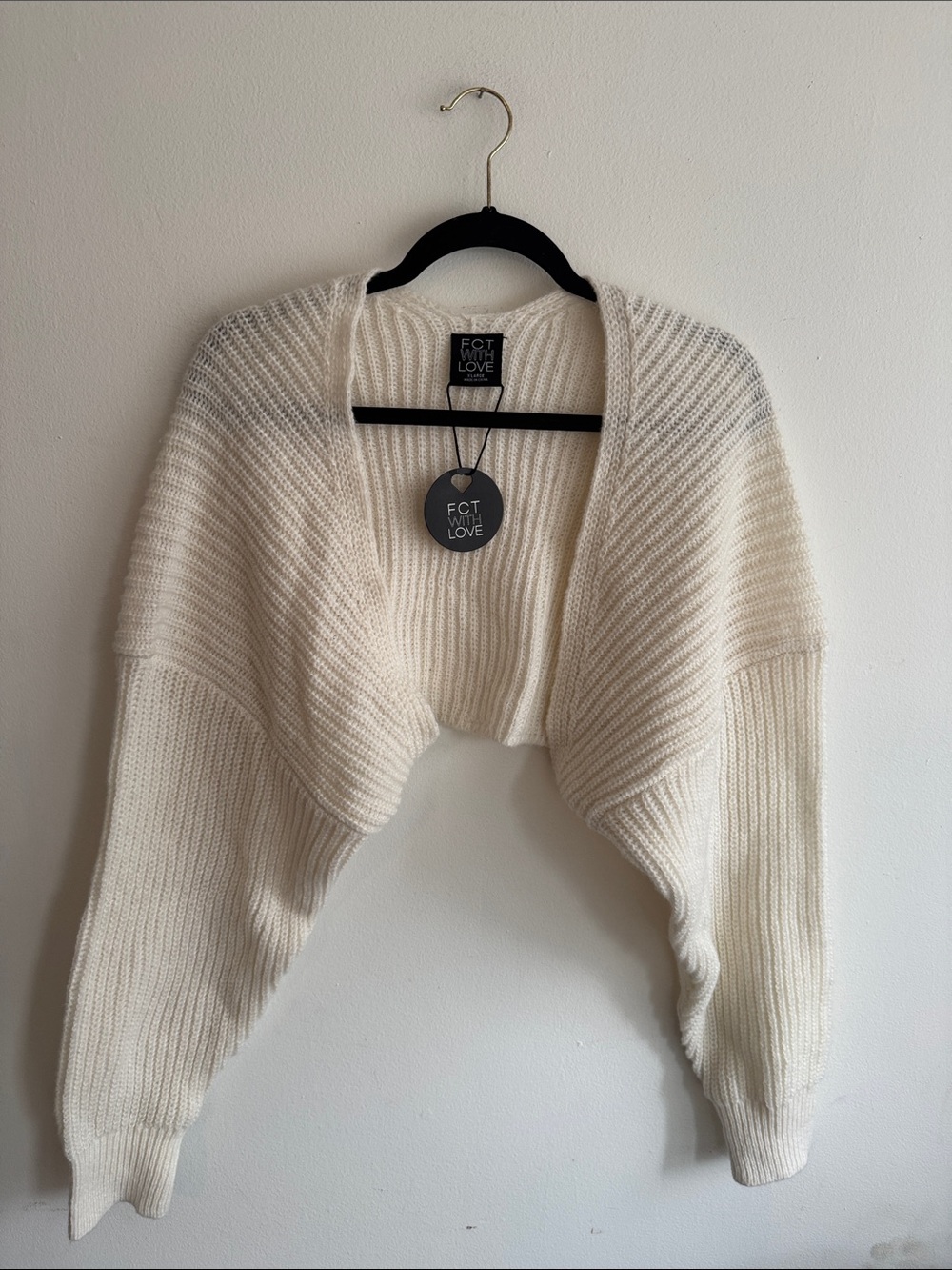 For Love & Lemons Cream Cropped Ribbed Open-Front Shrug